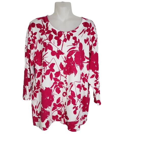 Roz & Ali Womens Cardigan Sweater Size 2X White Pink Floral Button Up 3/4 Sleeve - Picture 1 of 9